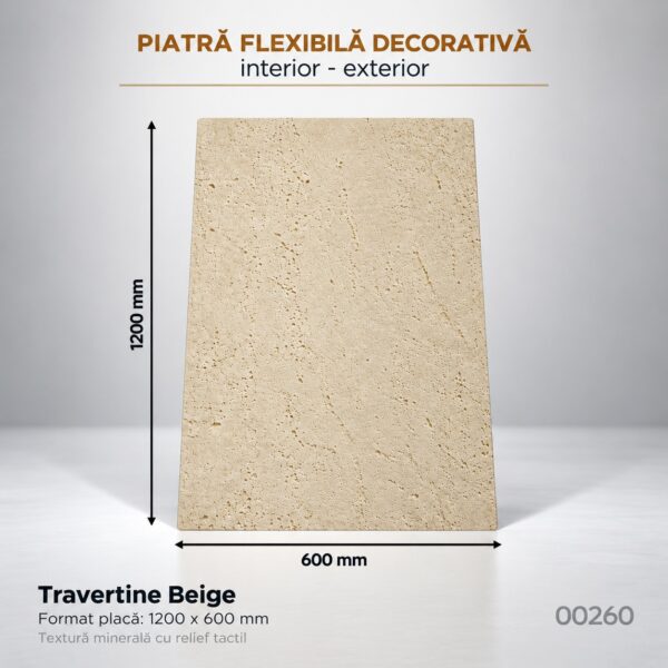 Panou din piatră flexibilă Travertine Beige de 1200 × 600 mm, bej cald cu pori de travertin, cu cote