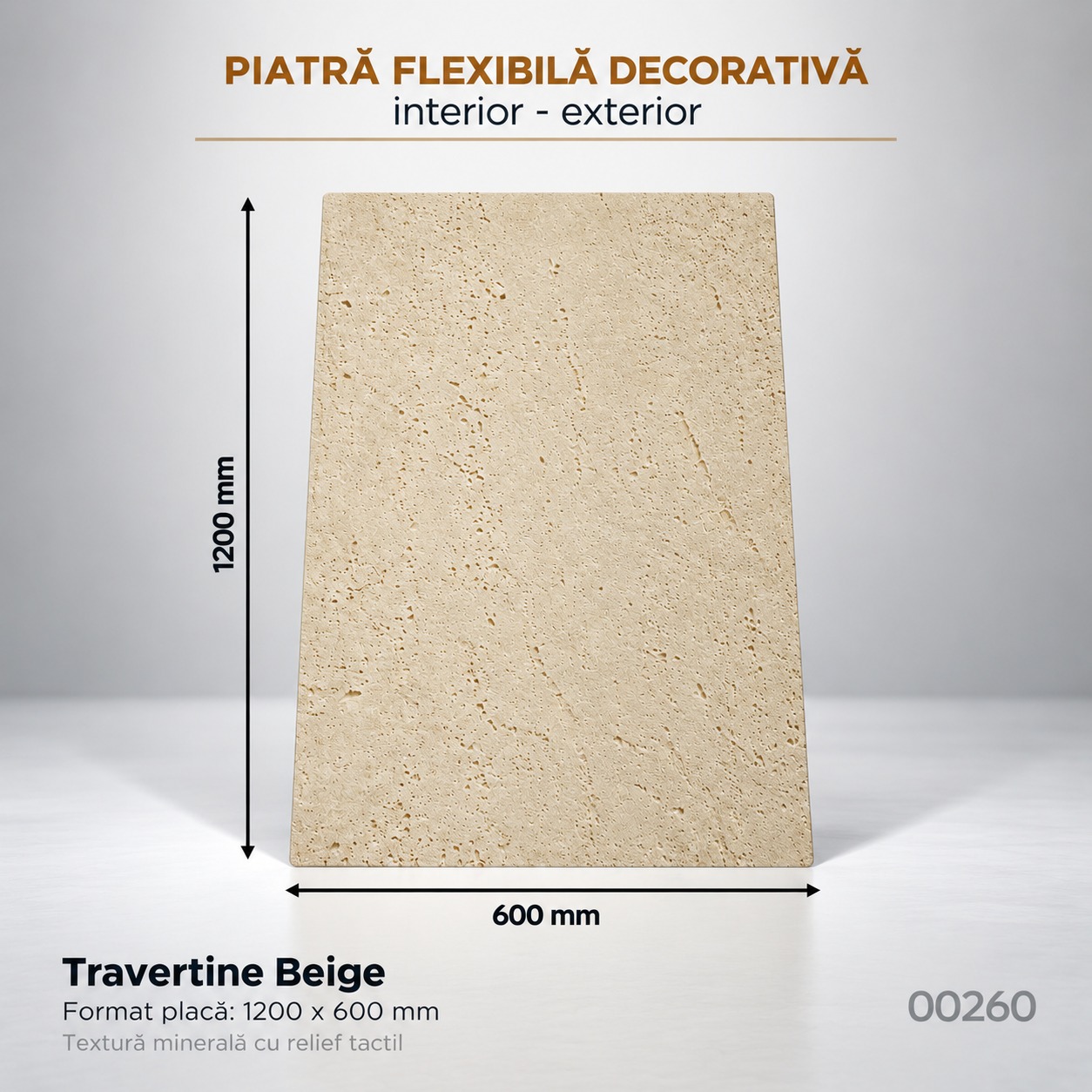 Panou Travertine Beige, 1200 × 600 mm Panou din piatră flexibilă Travertine Beige de 1200 × 600 mm, bej cald cu pori de travertin, cu cote