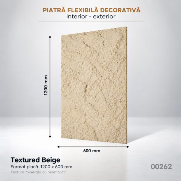 Panou din piatră flexibilă Textured Beige, placă bej nisipiu cu relief mineral, cu cote 1200 × 600 mm