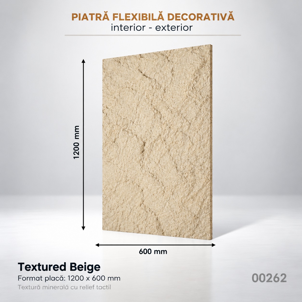 Panou Textured Beige, dimensiuni 1200 × 600 mm Panou din piatră flexibilă Textured Beige, placă bej nisipiu cu relief mineral, cu cote 1200 × 600 mm