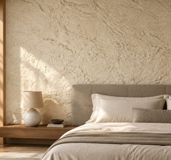 Dormitor cu perete Textured Beige în lumină oblică, pat cu tăblie gri și lampă cu abajur de in
