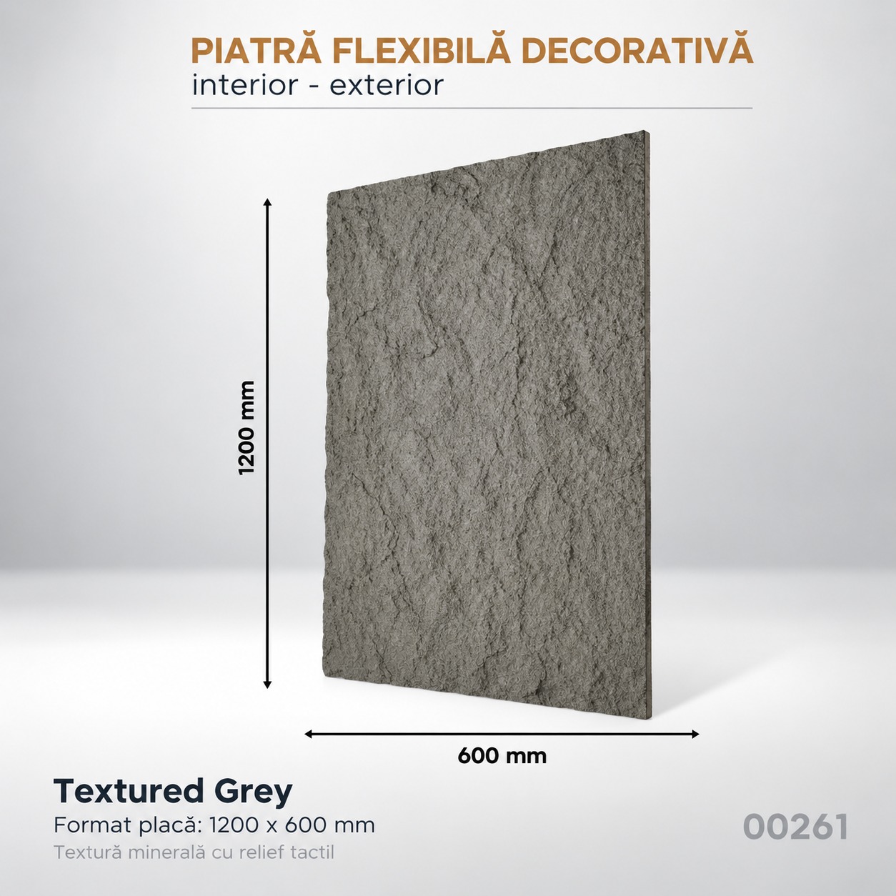 Panou Textured Grey, 1200 × 600 mm Panou din piatră flexibilă Textured Grey de 1200 × 600 mm, cu relief de rocă despicată, cu cote
