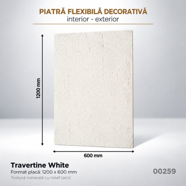 Panou din piatră flexibilă Travertine White de 1200 × 600 mm, alb cald cu pori de travertin, cu cote