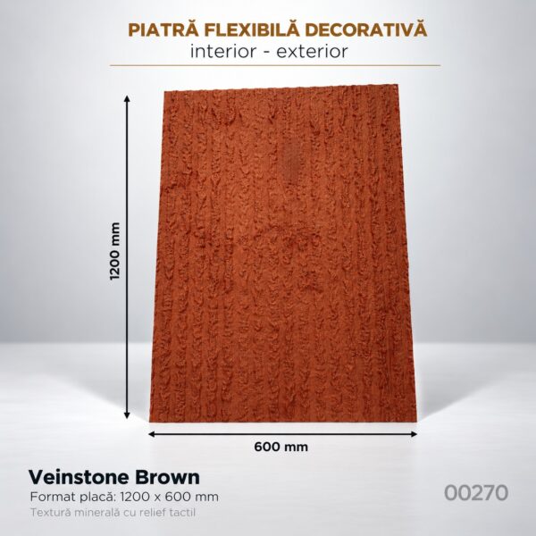 Panou din piatră flexibilă Veinstone Brown de 1200 × 600 mm, teracotă cu relief stratificat în dungi, cu cote