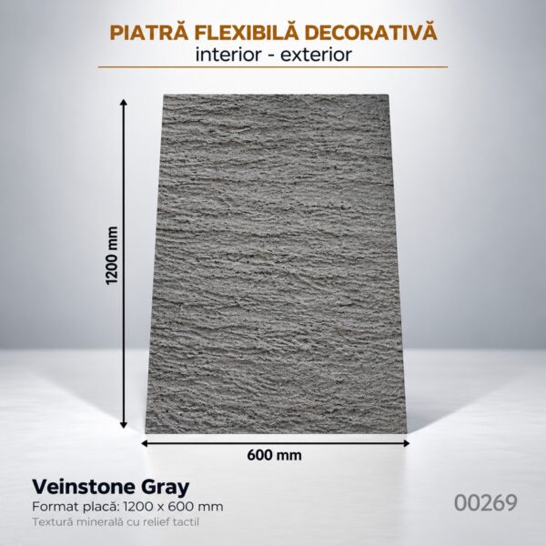 Panou din piatră flexibilă Veinstone Gray de 1200 × 600 mm, gri mineral cu striații orizontale, cu cote