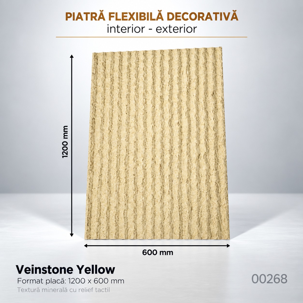 Piatră flexibilă Veinstone Yellow, 1200 × 600 mm Placă de piatră flexibilă Veinstone Yellow cu nervuri verticale, cote 1200 × 600 mm și cod 00268