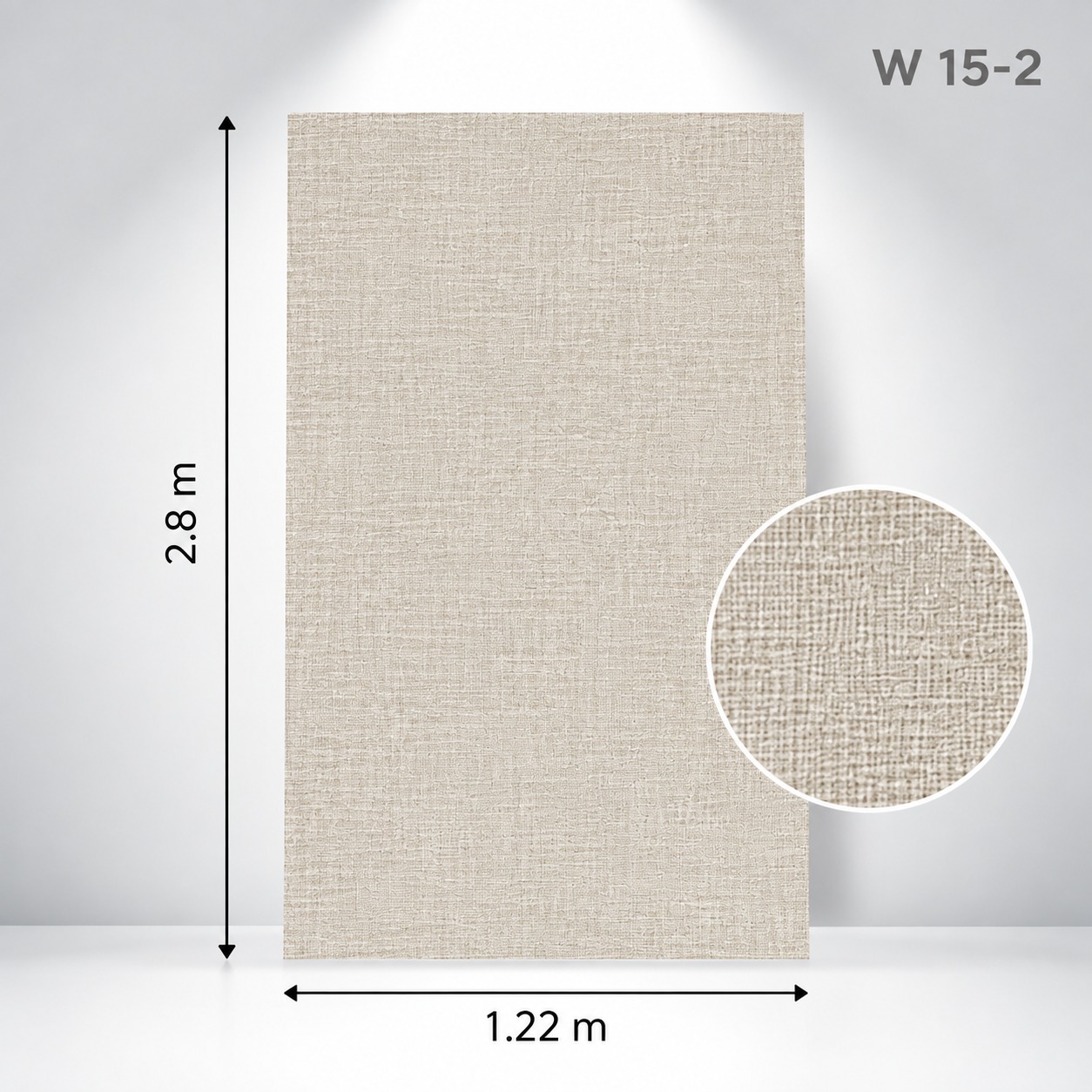 Panou W15-2 Cashmere Taupe, dimensiuni Panou decorativ W15-2 Cashmere Taupe cu cota de 2,8 m și detaliu mărit al texturii pânzate
