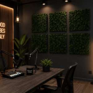Șase panouri din licheni verde pădure pe peretele închis al unui studio de podcast