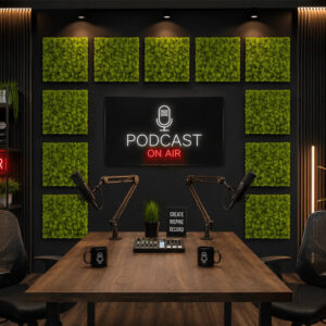 Douăsprezece panouri din licheni verde lămâie în jurul unui ecran, pe peretele negru al unui studio de podcast