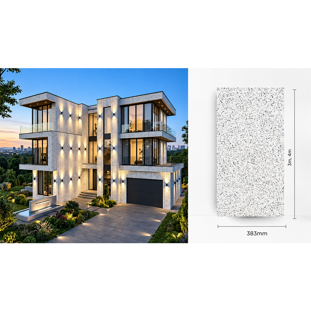 Casă placată cu panouri decorative albe Casă modernă cu fațadă placată cu panouri albe cu aspect de piatră și schița panoului de 383 mm