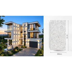 Casă modernă cu fațadă albă placată cu panouri cu aspect de piatră și schița panoului de 383 mm