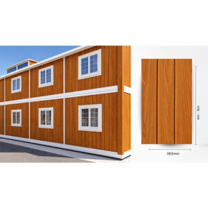 Clădire modulară placată cu panouri cu aspect de lemn și schița panoului cu lățimea de 383 mm