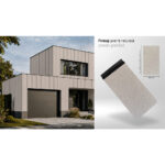 Casă modernă cu fațadă din panouri sandwich decorative montate vertical și un panou cu finisaj de piatră naturală