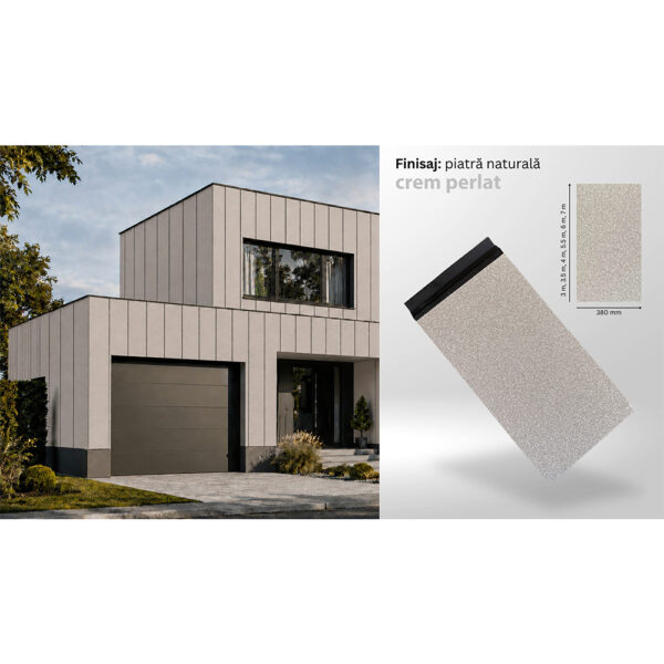 Casă modernă cu fațadă din panouri sandwich decorative montate vertical și un panou cu finisaj de piatră naturală