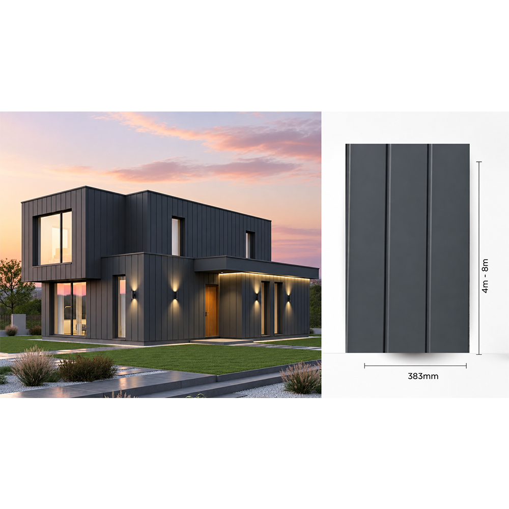 Casă placată cu panouri sandwich gri antracit Casă modernă placată cu panouri sandwich gri antracit și schița panoului de 383 mm lățime