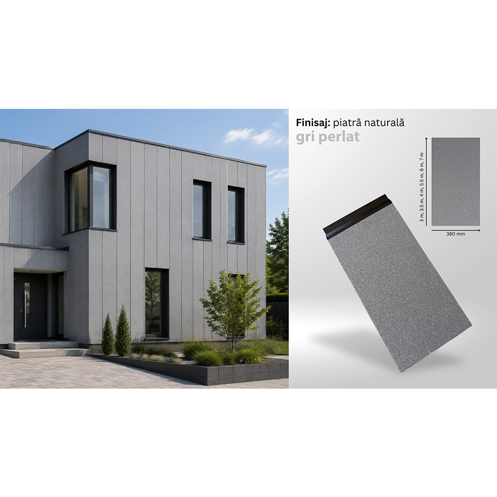 Fațadă cu panouri gri perlat de 3500 mm Fațadă modernă cu panouri sandwich gri perlat de 3,5 m montate vertical, lângă un panou cu finisaj de piatră