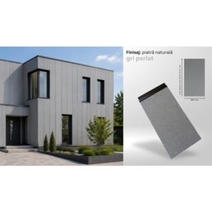 Casă placată cu panouri sandwich gri perlat de 4 m montate vertical, cu un panou prezentat separat