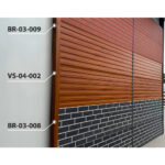 Fațadă care combină panouri VS-04-002 cu aspect de lemn și panouri cu aspect de cărămidă roșie și neagră