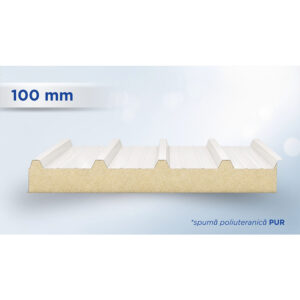 Panou sandwich de acoperiș alb cu 5 cute și miez PUR de 100 mm, văzut în secțiune