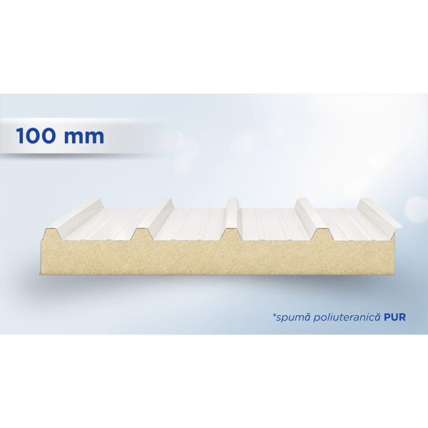 Panou sandwich de acoperiș alb cu 5 cute și miez PUR de 100 mm, văzut în secțiune