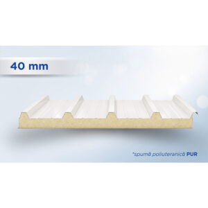 Panou sandwich de acoperiș alb cu 5 cute și miez de spumă PUR de 40 mm, văzut în secțiune