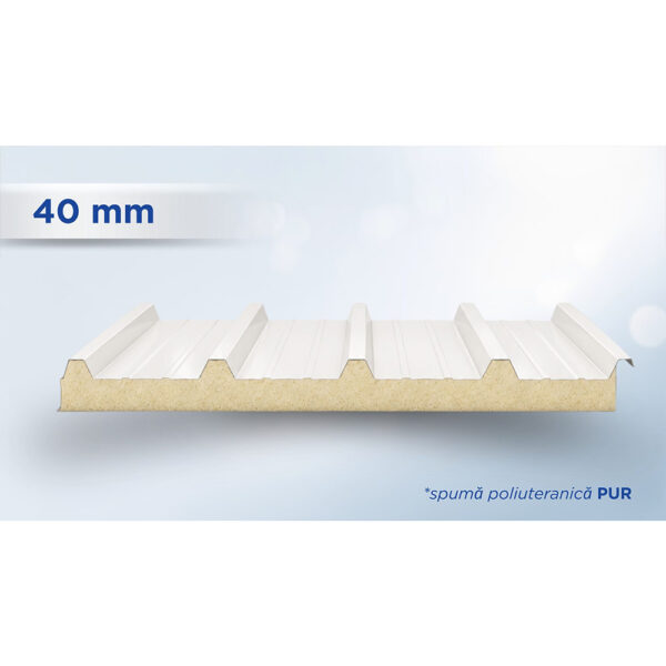 Panou sandwich de acoperiș alb cu 5 cute și miez de spumă PUR de 40 mm, văzut în secțiune
