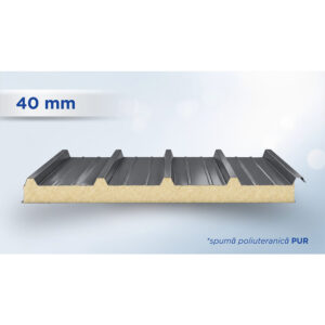Panou sandwich de acoperiș gri antracit cu 5 cute și miez PUR de 40 mm, văzut în secțiune