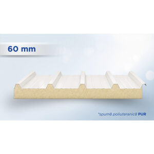Panou sandwich de acoperiș alb cu 5 cute și miez PUR de 60 mm, văzut în secțiune