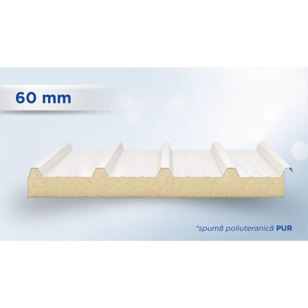 Panou sandwich de acoperiș alb cu 5 cute și miez PUR de 60 mm, văzut în secțiune