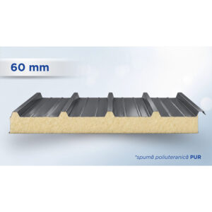 Panou sandwich de acoperiș gri antracit cu 5 cute și miez PUR de 60 mm, văzut în secțiune