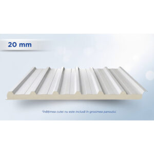 Panou de acoperiș Single alb RAL 9002 cu 7 cute, cu stratul de spumă PUR de 20 mm vizibil pe muchie