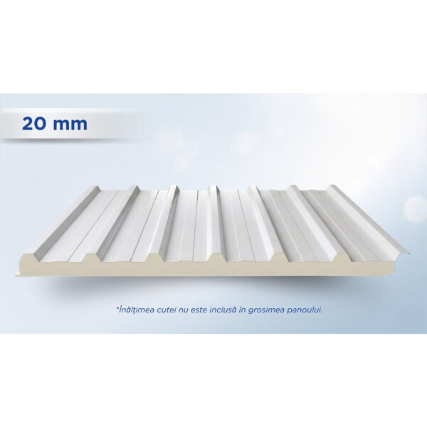 Panou de acoperiș Single alb RAL 9002 cu 7 cute, cu stratul de spumă PUR de 20 mm vizibil pe muchie