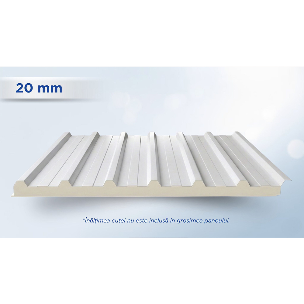 Panou de acoperiș Single alb, 20 mm Panou de acoperiș Single alb RAL 9002 cu 7 cute, cu stratul de spumă PUR de 20 mm vizibil pe muchie