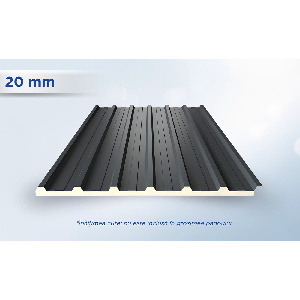 Panou de acoperiș Single gri antracit, 20 mm Panou de acoperiș Single gri antracit RAL 7016 cu 7 cute, cu spuma PUR de 20 mm vizibilă pe muchie