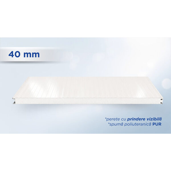 Panou sandwich de perete alb de 40 mm, profil TOP cu prindere vizibilă, văzut din lateral