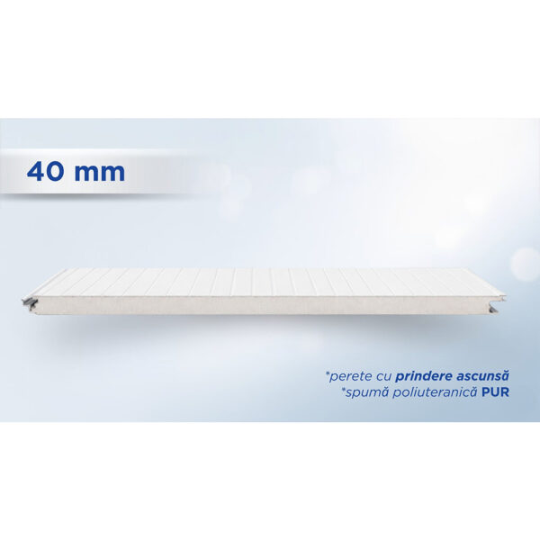 Panou sandwich de perete alb de 40 mm, cu miez din spumă poliuretanică, văzut din lateral