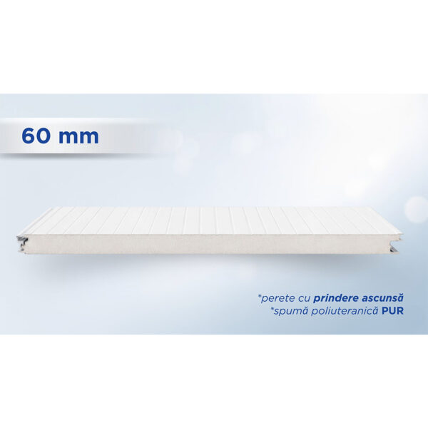 Panou sandwich de perete alb de 60 mm, profil MEK cu prindere ascunsă, văzut din lateral