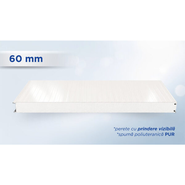 Panou sandwich de perete alb de 60 mm, profil TOP cu prindere vizibilă, văzut din lateral
