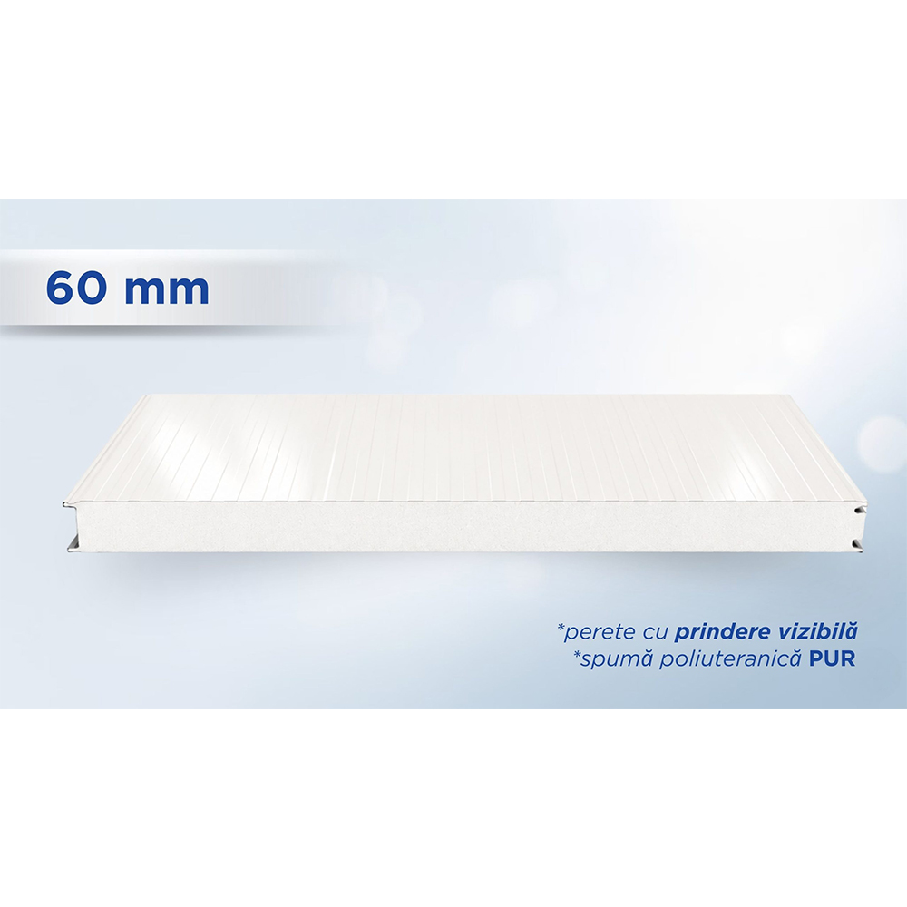 Panou de perete TOP alb, 60 mm Panou sandwich de perete alb de 60 mm, profil TOP cu prindere vizibilă, văzut din lateral