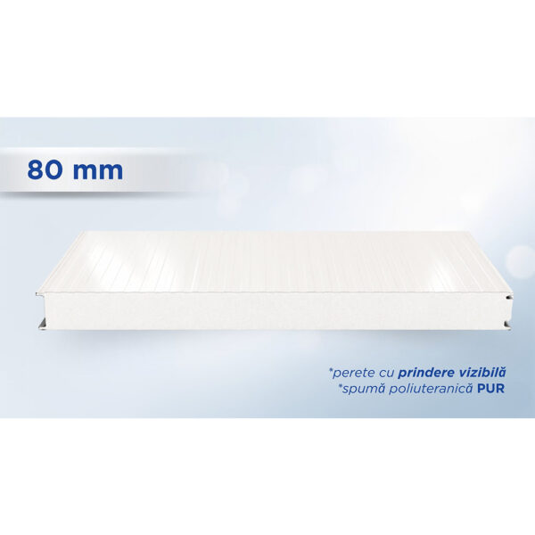 Panou sandwich de perete alb de 80 mm, profil TOP cu prindere vizibilă și miez PUR
