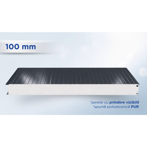 Panou sandwich de perete gri antracit de 100 mm, cu prindere vizibilă și miez PUR