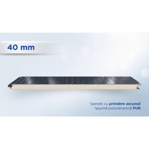 Panou sandwich de perete gri antracit de 40 mm, profil MEK cu prindere ascunsă, văzut din lateral