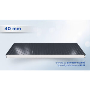 Panou sandwich de perete gri antracit de 40 mm, profil TOP, cu miezul PUR vizibil pe muchie