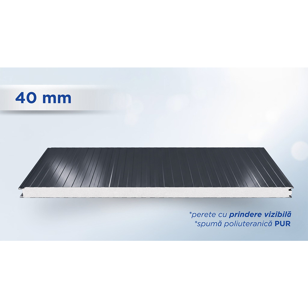 Panou de perete TOP gri antracit, 40 mm Panou sandwich de perete gri antracit de 40 mm, profil TOP, cu miezul PUR vizibil pe muchie
