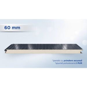 Panou sandwich de perete gri antracit de 60 mm, profil MEK cu prindere ascunsă, văzut din lateral