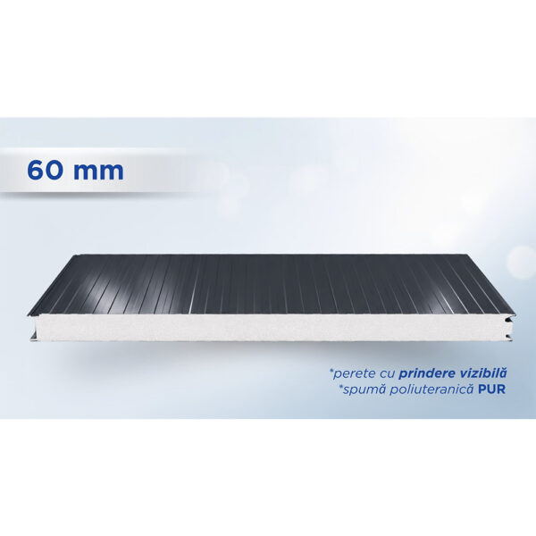 Panou sandwich de perete gri antracit de 60 mm, profil TOP cu prindere vizibilă, văzut din lateral