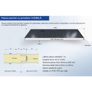 Desen tehnic al panoului de perete TOP gri antracit, cu îmbinarea cu garnitură și lățimea de 1000 mm
