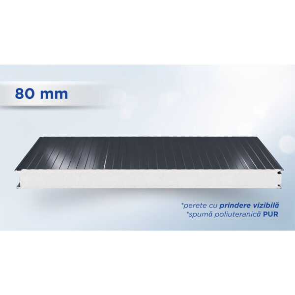 Panou sandwich de perete gri antracit de 80 mm, profil TOP cu prindere vizibilă și miez PUR