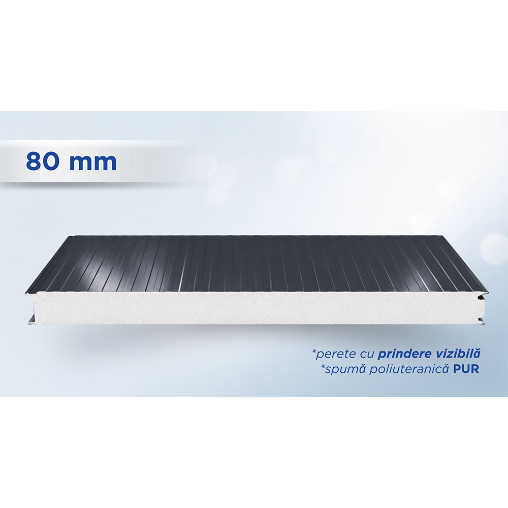 Panou de perete TOP gri antracit, 80 mm Panou sandwich de perete gri antracit de 80 mm, profil TOP cu prindere vizibilă și miez PUR