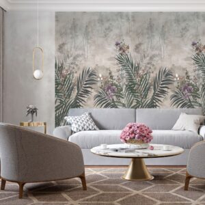 Living cu canapea gri: perete floral Rocko R161 Golden Cane A și, în stânga, perete uni Rocko R162 Golden Cane B